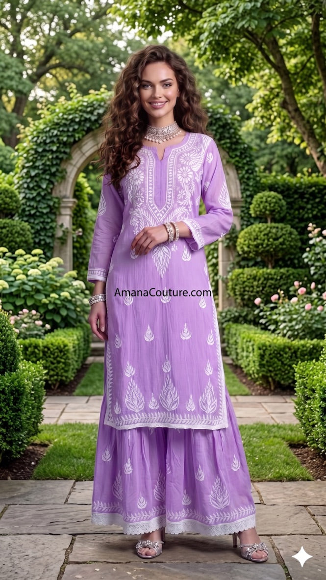 Lavender Purple Rayon Modal Cotton Lakhnawi Resham 2-Piece Sharara-cum-Palazo Set