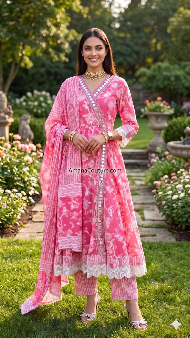 Pink Peach Self Print Cotton Anarkali Angrakha 2-Piece Set