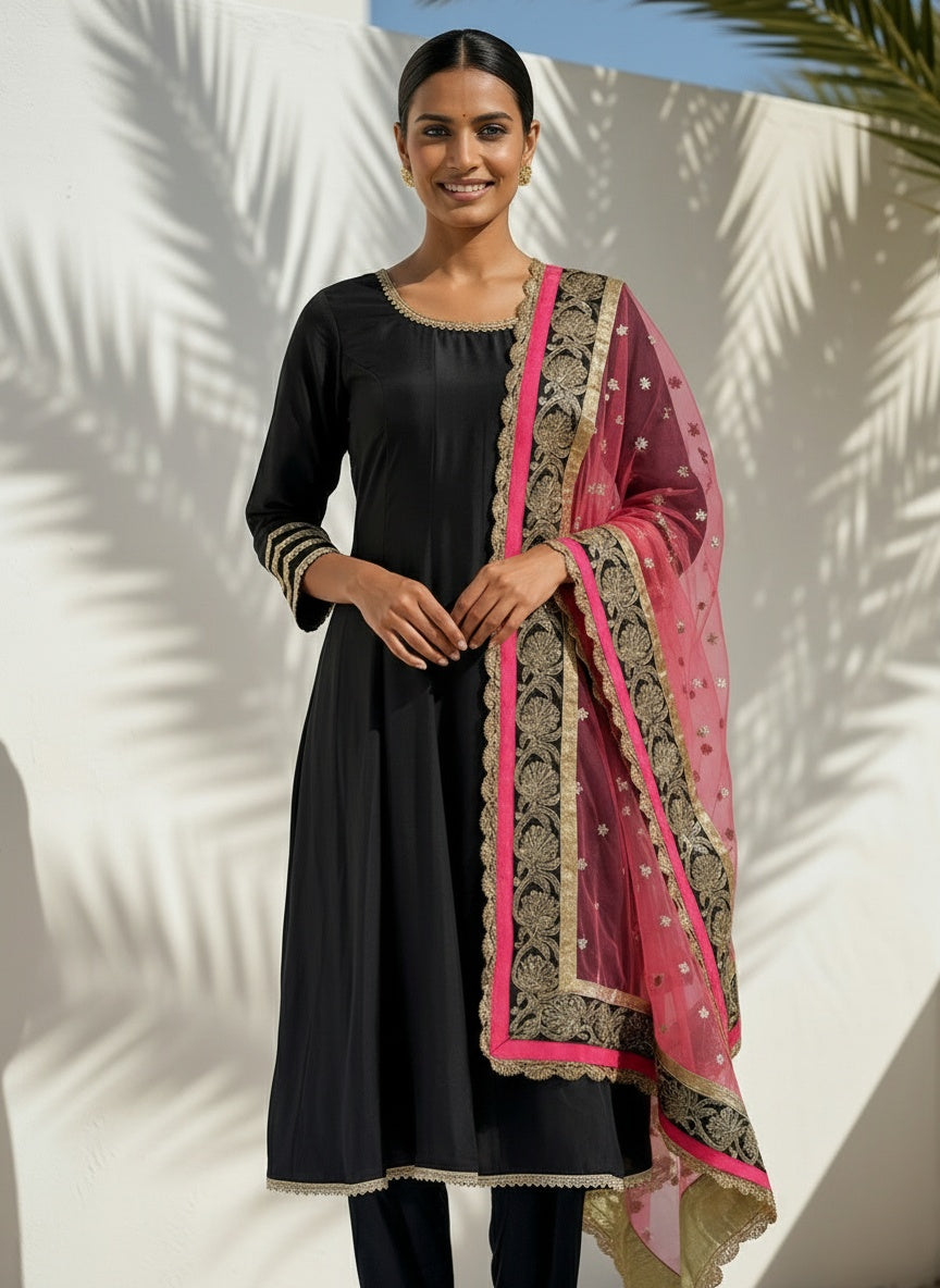 Black Peplum Anarkali with Pearl Lace, Deep Back Neck & Net Dupatta