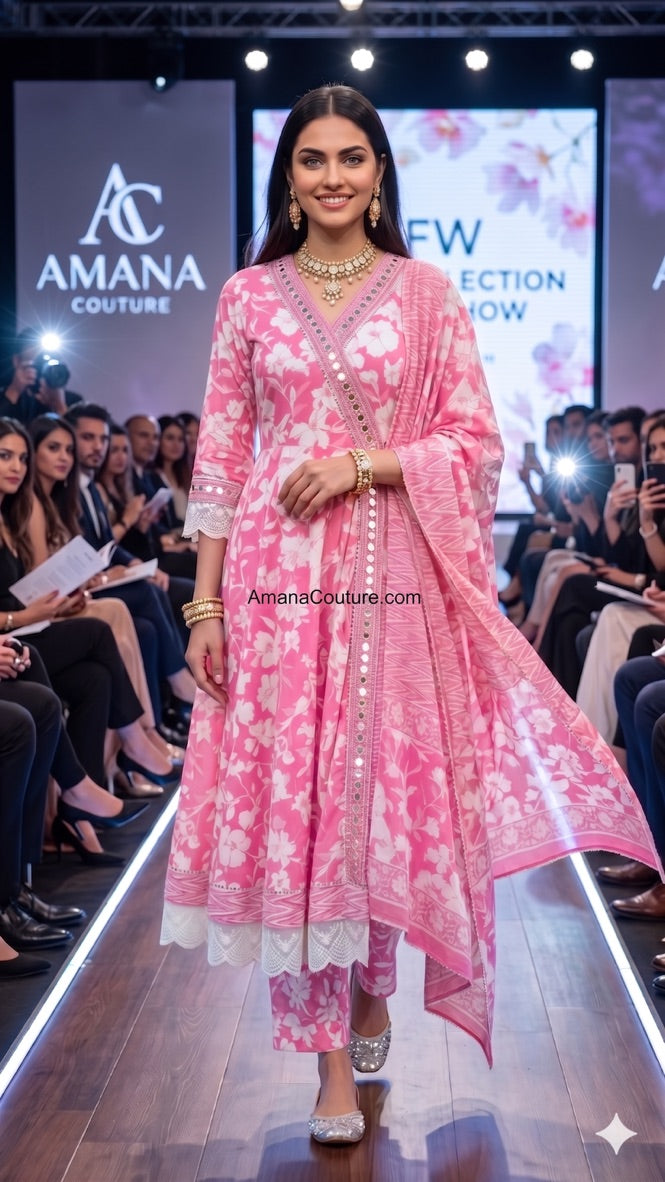 Gajari Pink Coral Self Print Cotton Anarkali Angrakha 2-Piece Set