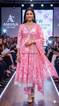 Gajari Pink Coral Self Print Cotton Anarkali Angrakha 2-Piece Set