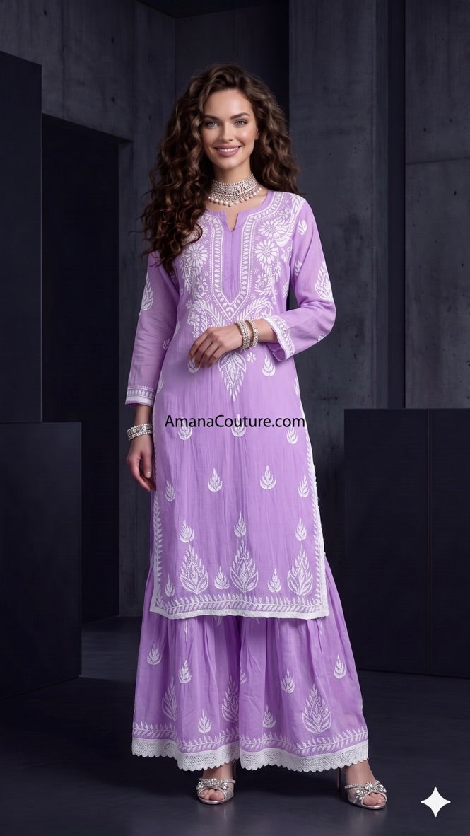 Lavender Purple Rayon Modal Cotton Lakhnawi Resham 2-Piece Sharara-cum-Palazo Set