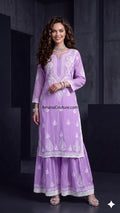 Lavender Purple Rayon Modal Cotton Lakhnawi Resham 2-Piece Sharara-cum-Palazo Set