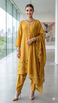 Mustard Yellow Soft Modal Cotton Cutwork 3-Piece Set