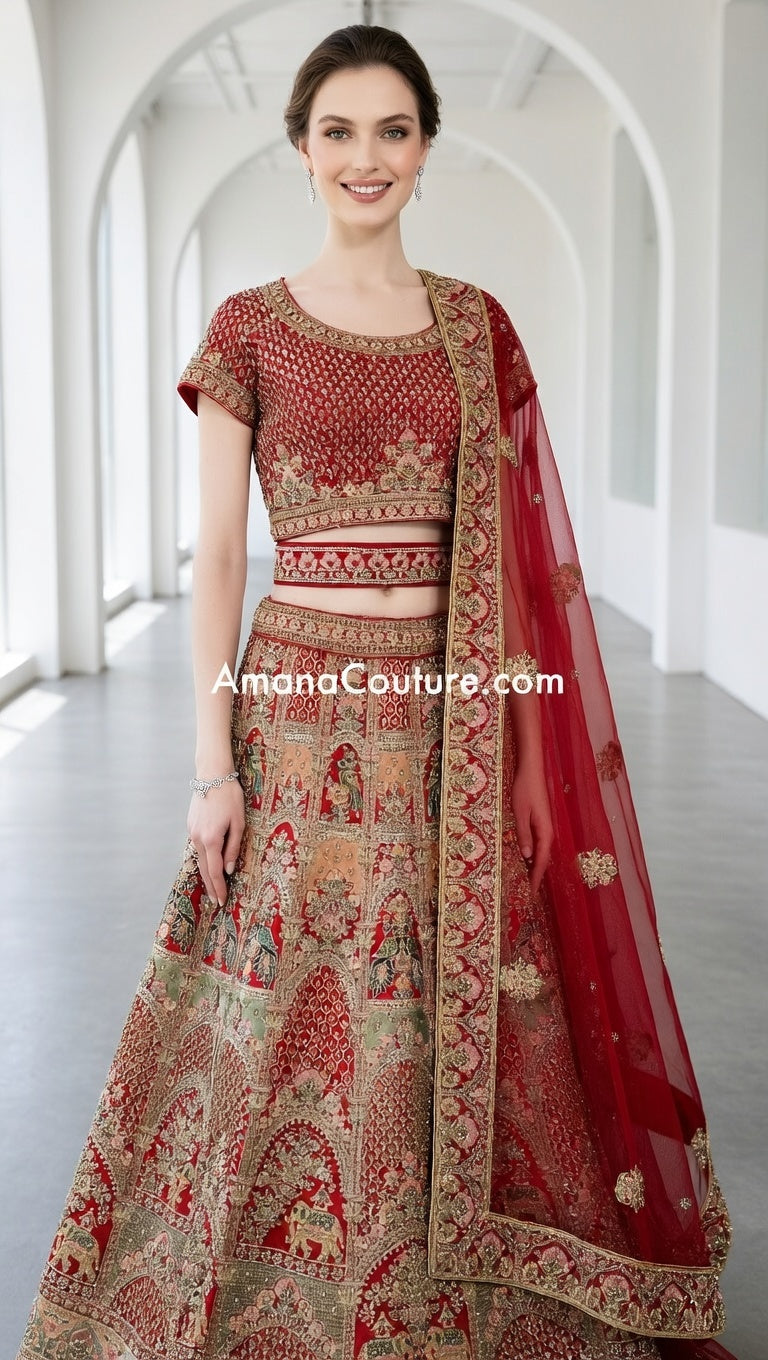 Crimson Red Silk Bridal Lehenga with Golden Handwork
