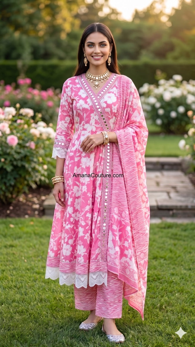 Gajari Pink Coral Self Print Cotton Anarkali Angrakha 2-Piece Set