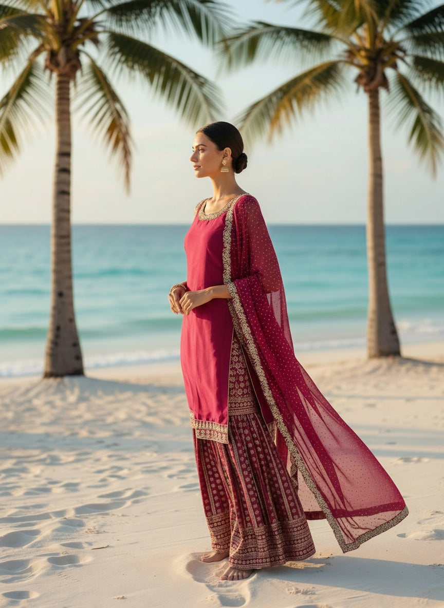 Deep Red Designer Sharara with Beautiful Back Neck Style