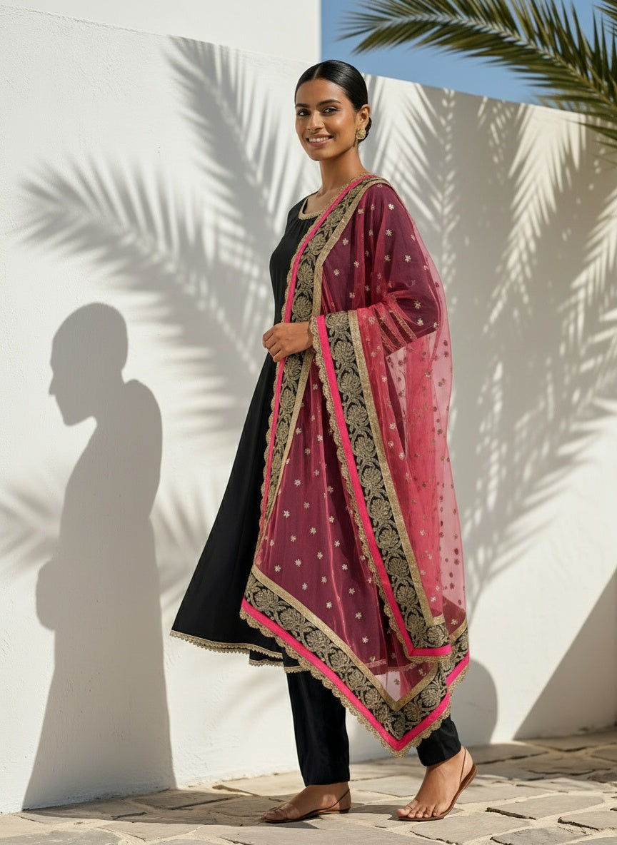 Black Peplum Anarkali with Pearl Lace, Deep Back Neck & Net Dupatta