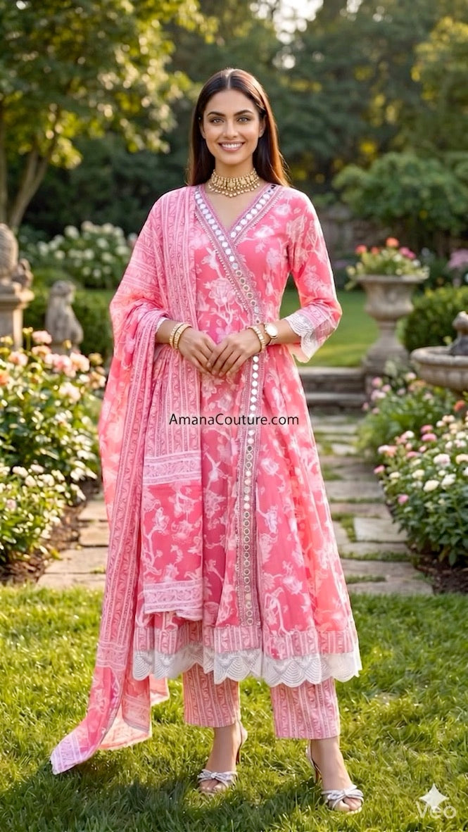 Pink Peach Self Print Cotton Anarkali Angrakha 2-Piece Set