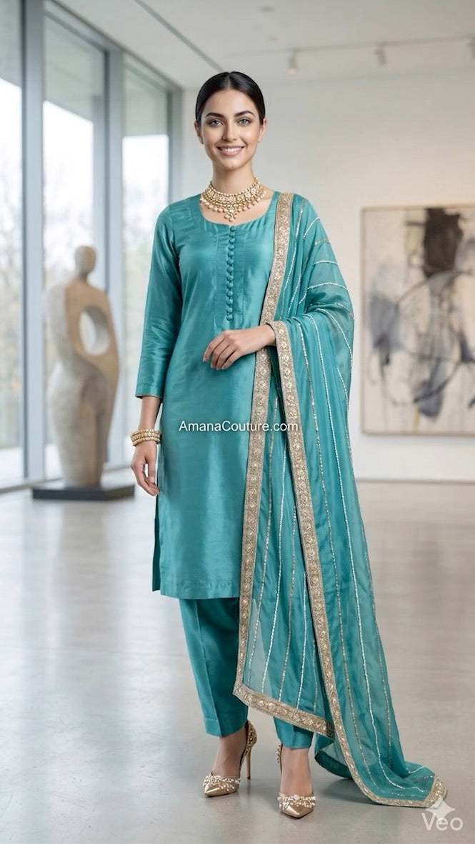 Firozi Breezy Glam — Teal Blue Shimmer Silk 3-Piece Palazo Set