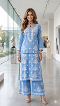 Misty Blue Rayon Modal Cotton Lakhnawi Resham 2-Piece Sharara-cum-Palazo Set