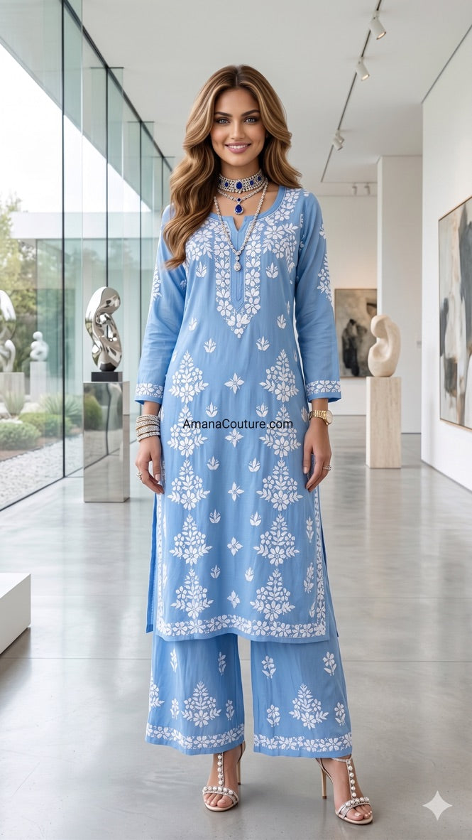 Misty Blue Rayon Modal Cotton Lakhnawi Resham 2-Piece Sharara-cum-Palazo Set
