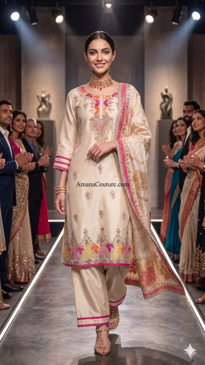 Creme Beige Gold Pure Shimmer Silk Palazo & Straight Pants Set
