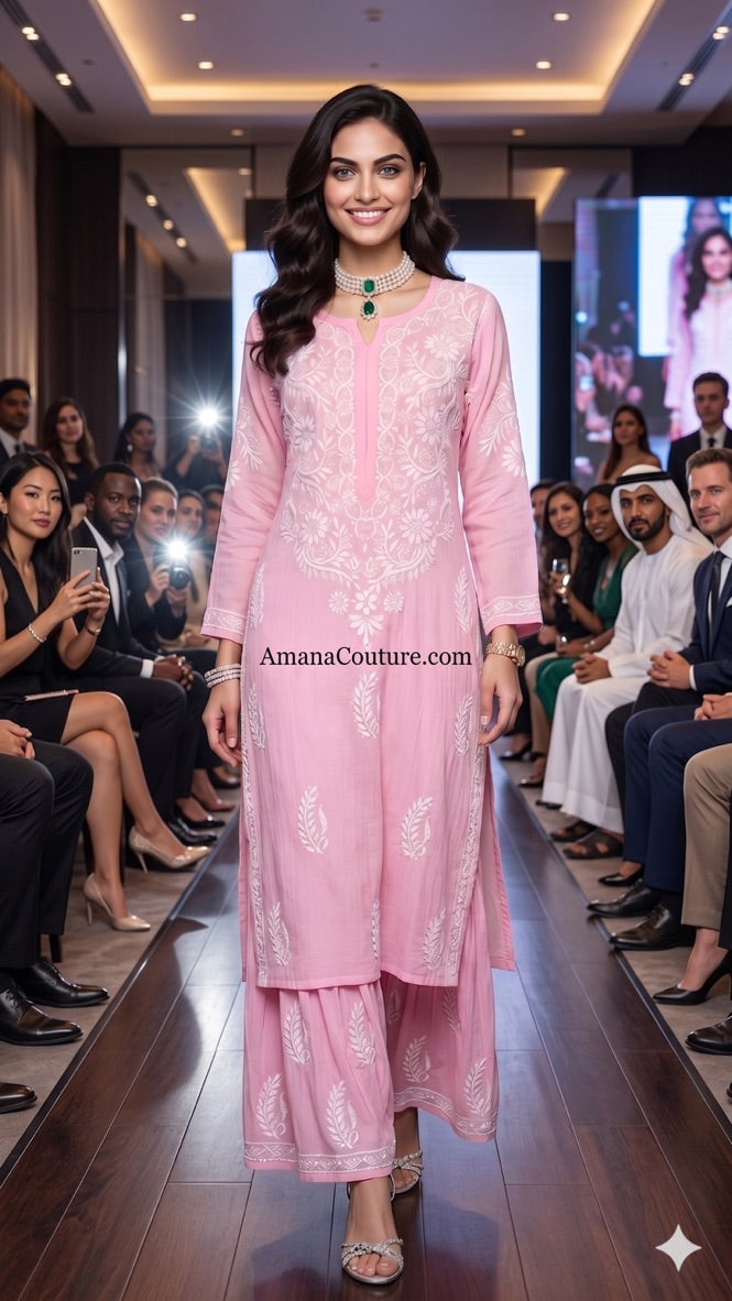 Light Blush Pink Rayon Modal Cotton Lakhnawi Resham 2-Piece Sharara-cum-Palazo Set