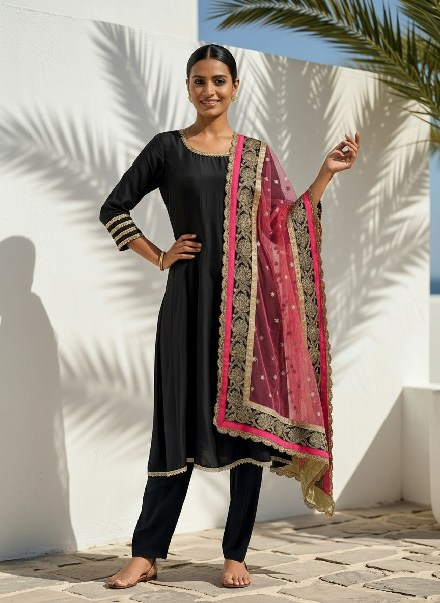 Black Peplum Anarkali with Pearl Lace, Deep Back Neck & Net Dupatta