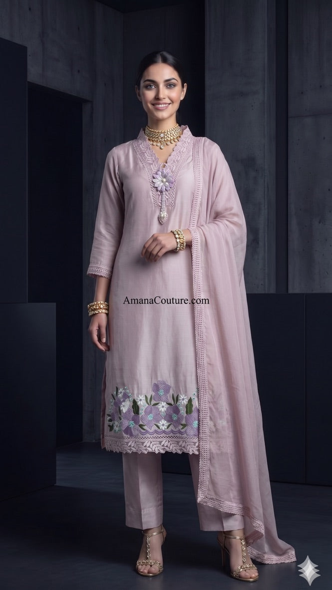 Light Lavender Soft Cotton Silk 3-Piece Palazo Set with Dupatta