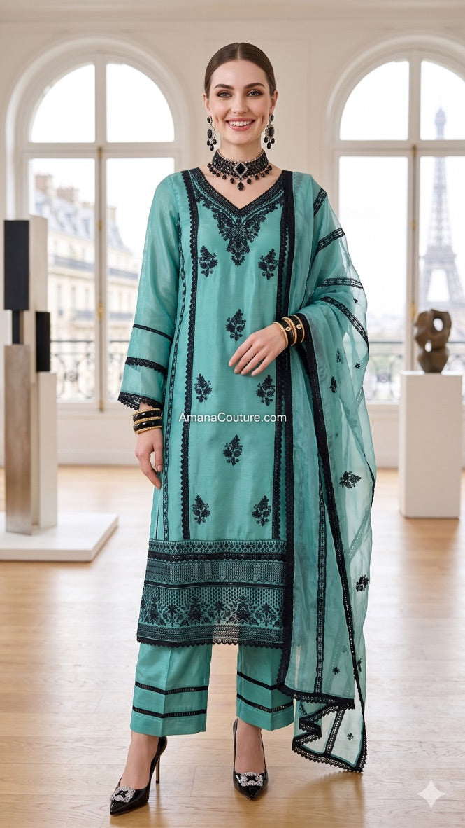 Turquoise & Aqua Blue Cotton Silk Palazo 3-Piece Set with Black Resham Embroidery