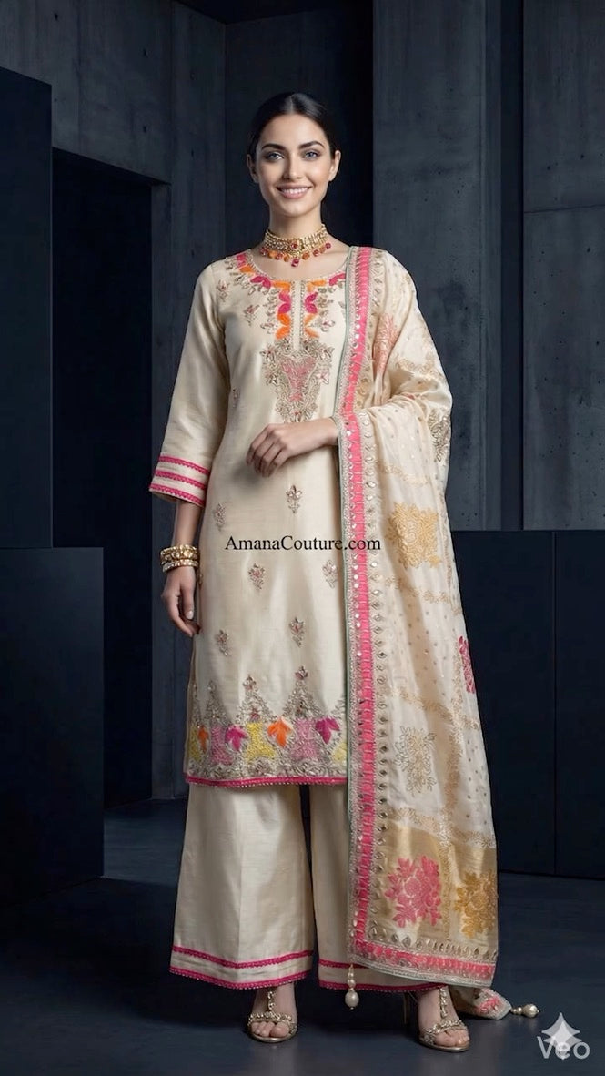Creme Beige Gold Pure Shimmer Silk Palazo & Straight Pants Set