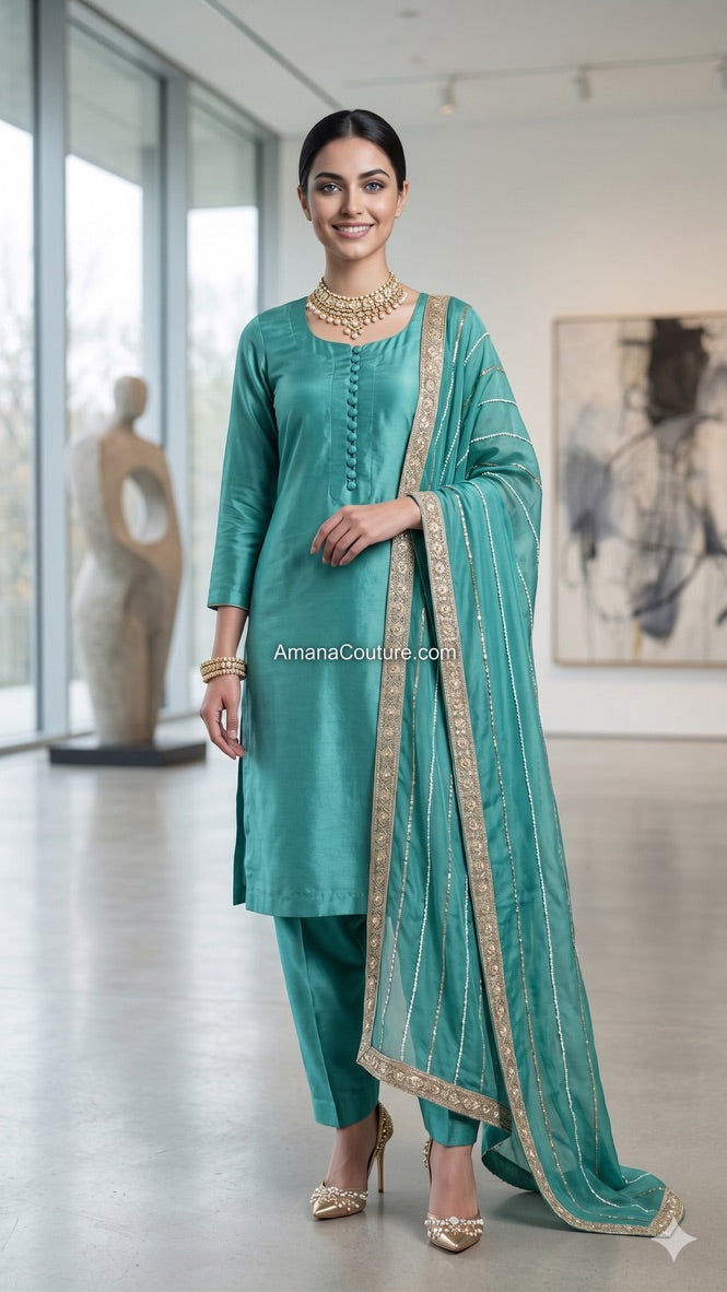 Firozi Breezy Glam — Teal Blue Shimmer Silk 3-Piece Palazo Set