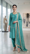Firozi Breezy Glam — Teal Blue Shimmer Silk 3-Piece Palazo Set