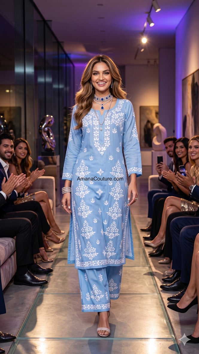 Misty Blue Rayon Modal Cotton Lakhnawi Resham 2-Piece Sharara-cum-Palazo Set