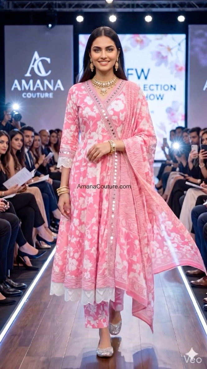 Gajari Pink Coral Self Print Cotton Anarkali Angrakha 2-Piece Set