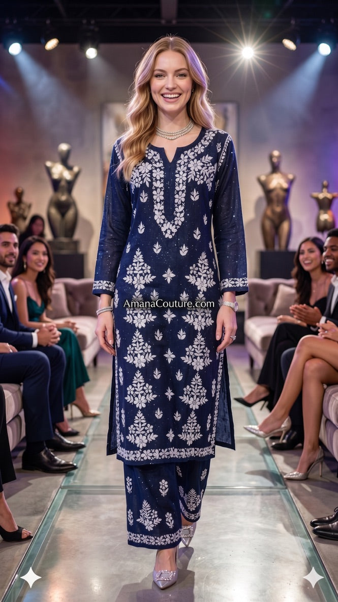 Navy Blue Rayon Modal Cotton Lakhnawi Resham 2-Piece Sharara-cum-Palazo Set