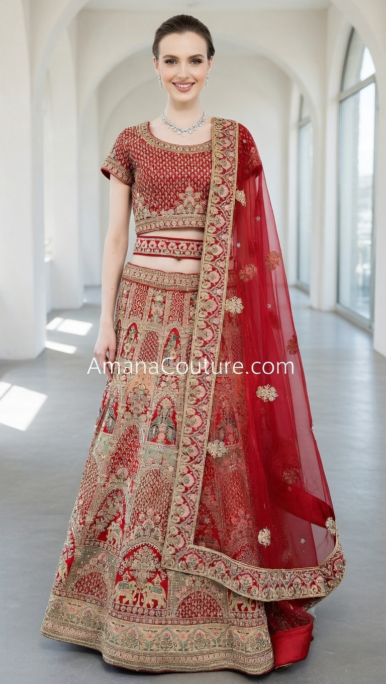Crimson Red Silk Bridal Lehenga with Golden Handwork