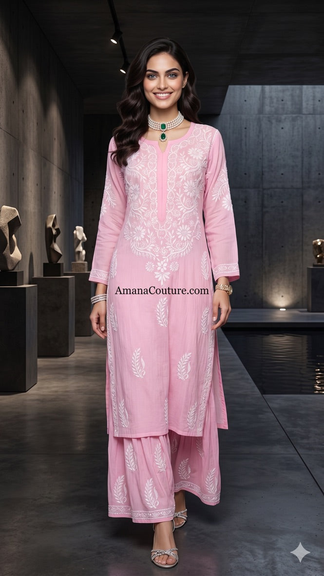 Light Blush Pink Rayon Modal Cotton Lakhnawi Resham 2-Piece Sharara-cum-Palazo Set