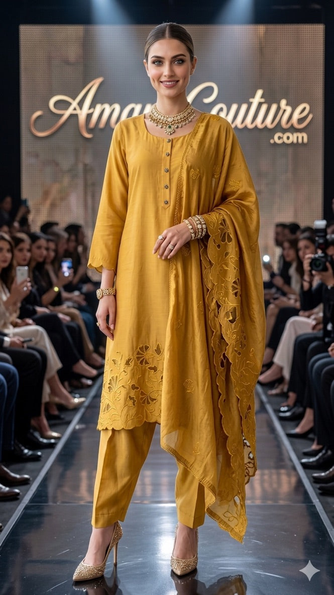 Mustard Yellow Soft Modal Cotton Cutwork 3-Piece Set