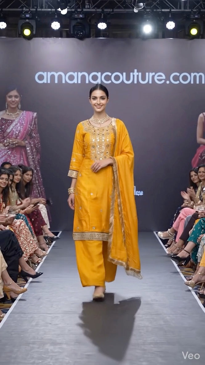 Mustard Amber Yellow Pure Upada Silk Gotta Patti 3-Piece Palazo Set