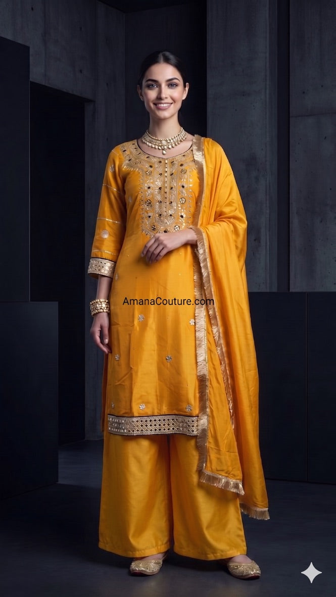 Mustard Amber Yellow Pure Upada Silk Gotta Patti 3-Piece Palazo Set