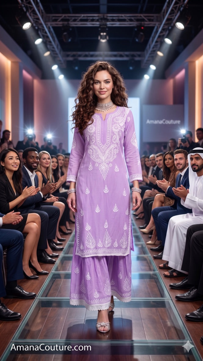 Lavender Purple Rayon Modal Cotton Lakhnawi Resham 2-Piece Sharara-cum-Palazo Set