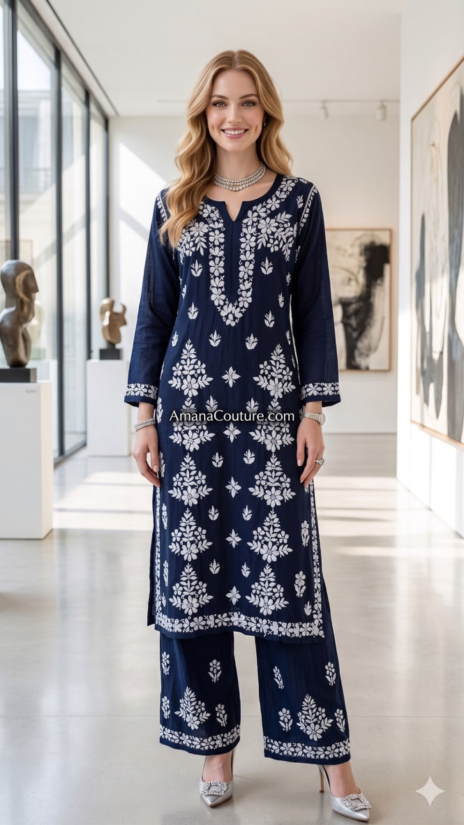 Navy Blue Rayon Modal Cotton Lakhnawi Resham 2-Piece Sharara-cum-Palazo Set