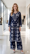 Navy Blue Rayon Modal Cotton Lakhnawi Resham 2-Piece Sharara-cum-Palazo Set
