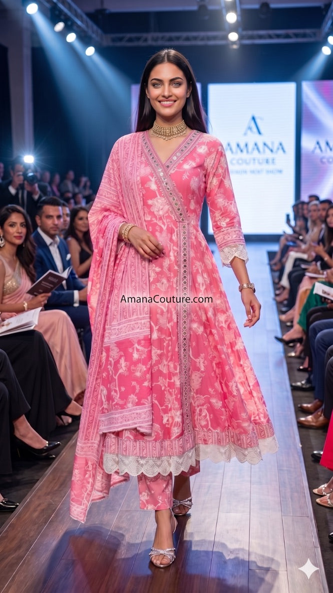 Pink Peach Self Print Cotton Anarkali Angrakha 2-Piece Set