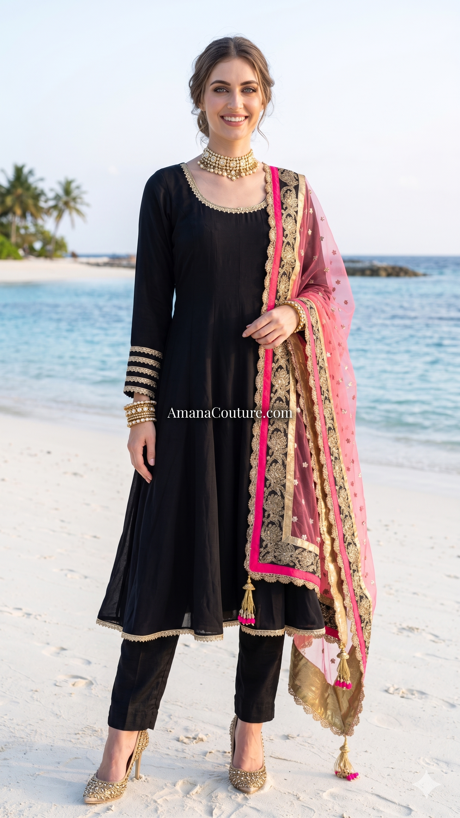 Black Peplum Anarkali with Pearl Lace, Deep Back Neck & Net Dupatta