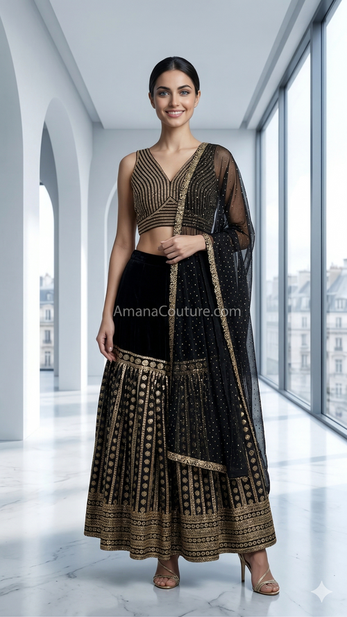 Black Silk Sharara Set | Pearl Crop Top & Gold Embroidery