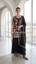 Black Crepe Floral Sharara Set with Chinon Dupatta