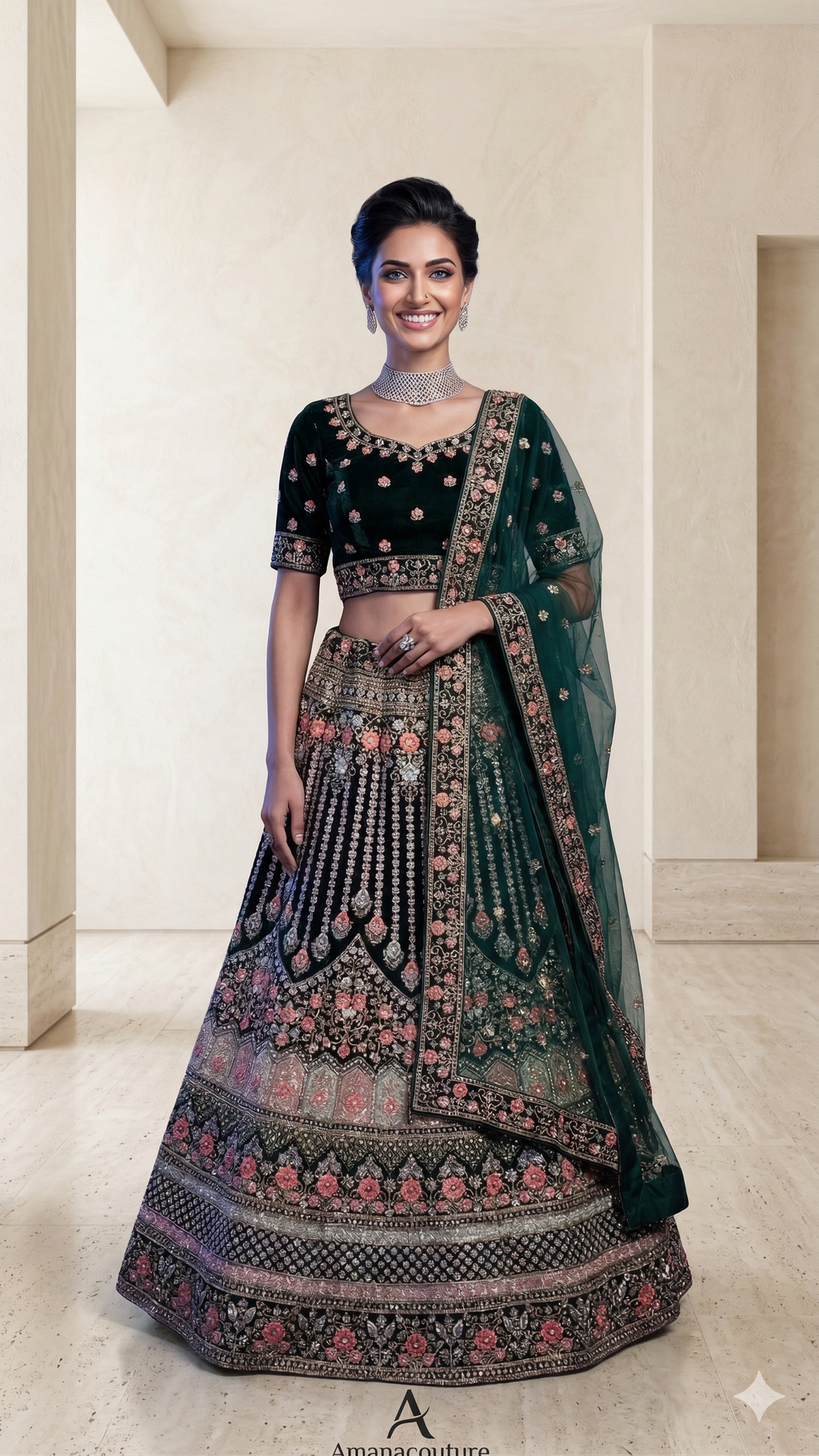 Dark Green Velvet Lehenga with Resham Embroidery