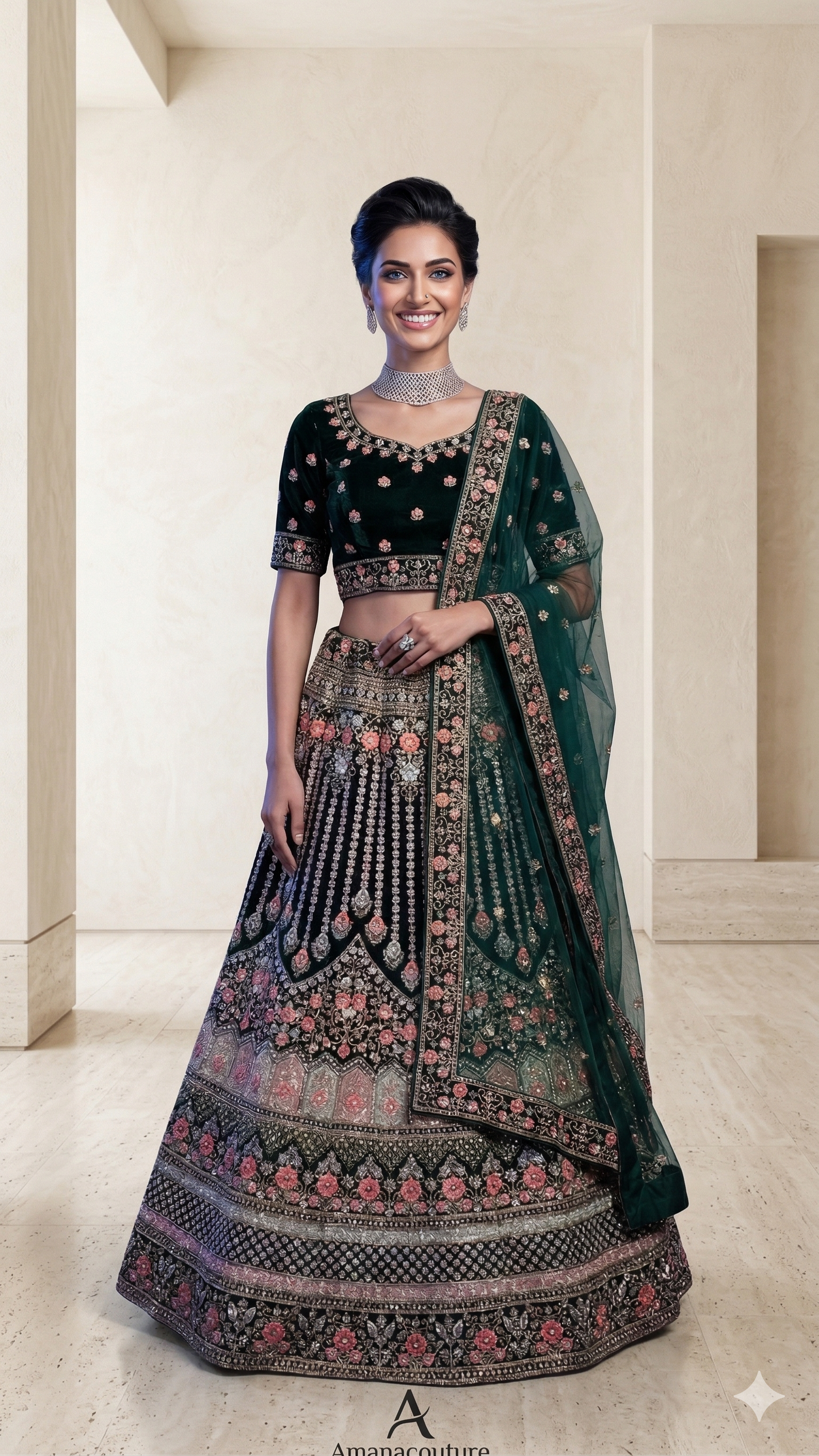 Dark Green Velvet Lehenga with Resham Embroidery