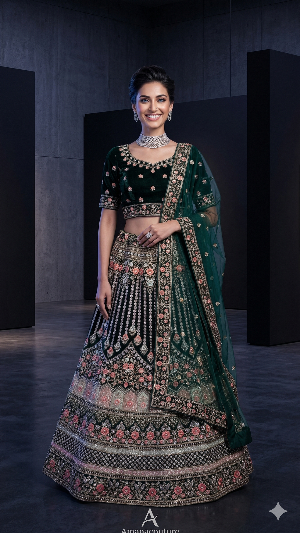 Dark Green Velvet Lehenga with Resham Embroidery