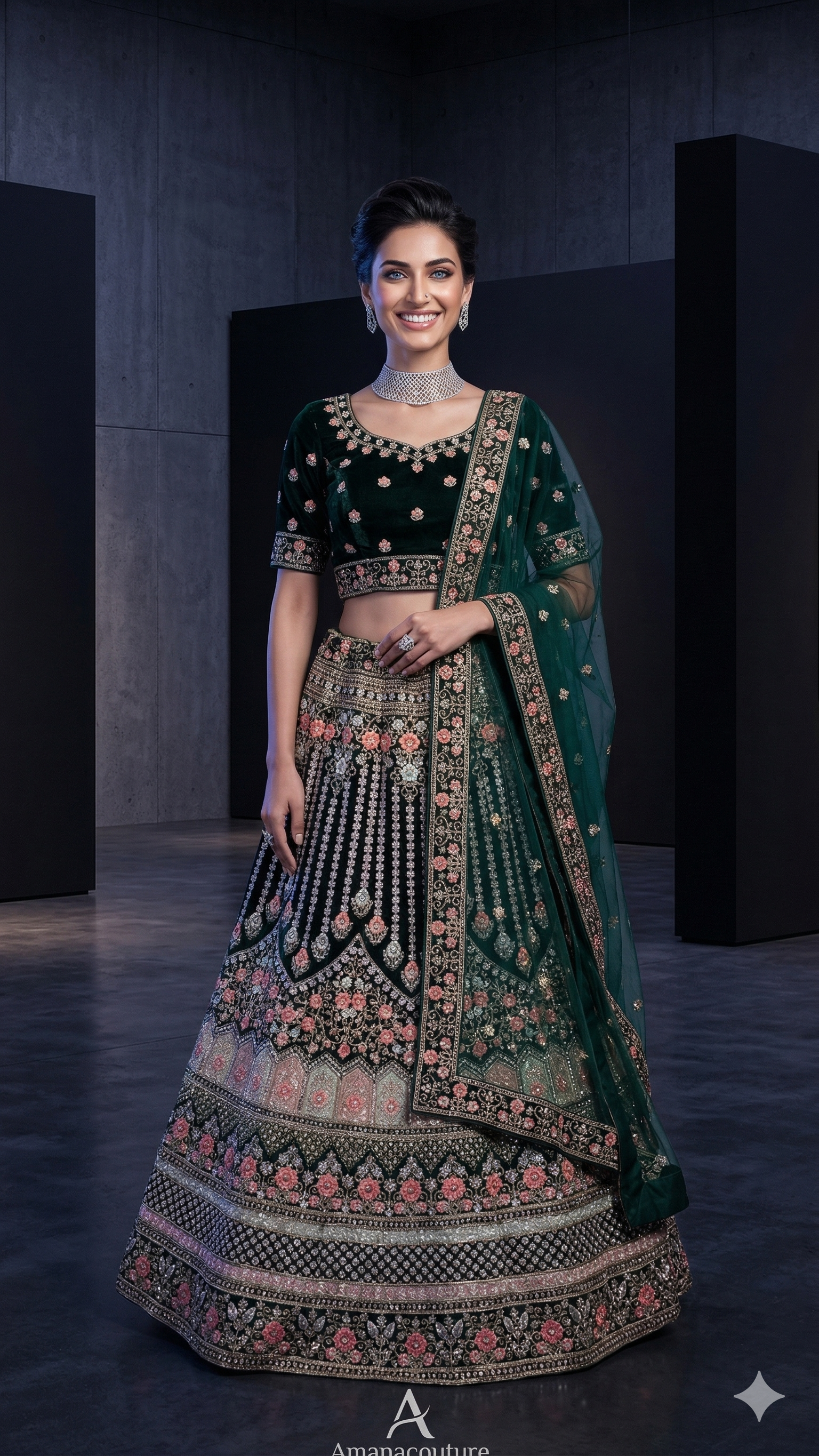 Dark Green Velvet Lehenga with Resham Embroidery