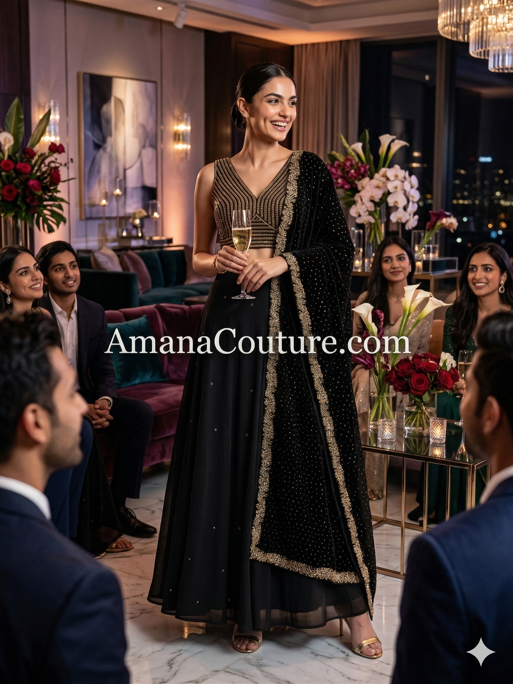 Golden Pearl Lehenga Set | Crop Top, Lehenga & Mukesh Dupatta