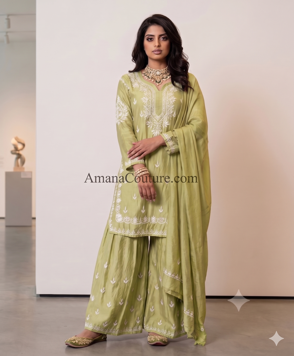 Sage Green / Pastel Olive Chanderi Cotton Silk Sharara Set
