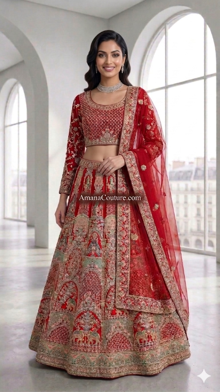 Crimson Red Silk Bridal Lehenga with Golden Handwork