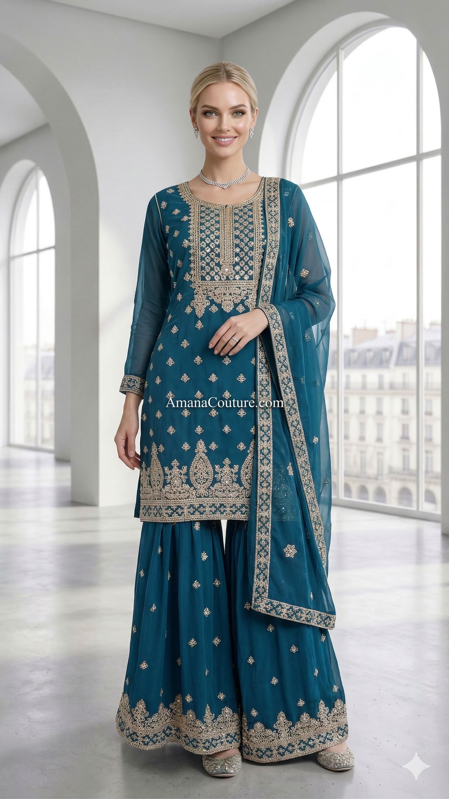 Peacock Blue Georgette Sharara Set