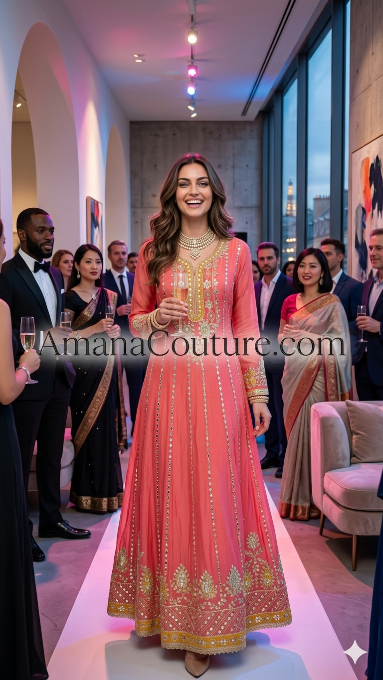 Coral Pink Mirror Work Long Gown