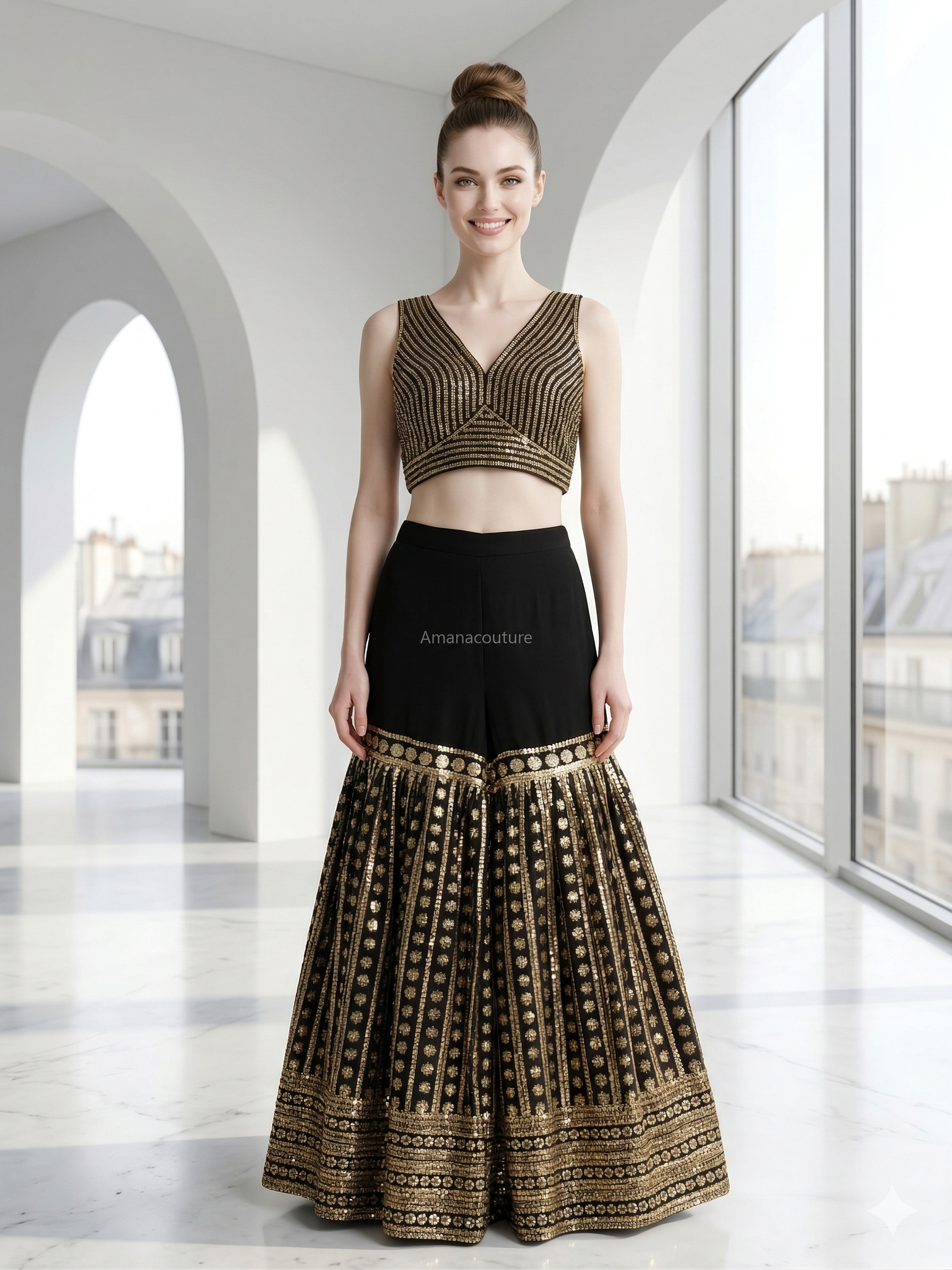 Sharara with Crop top in Black