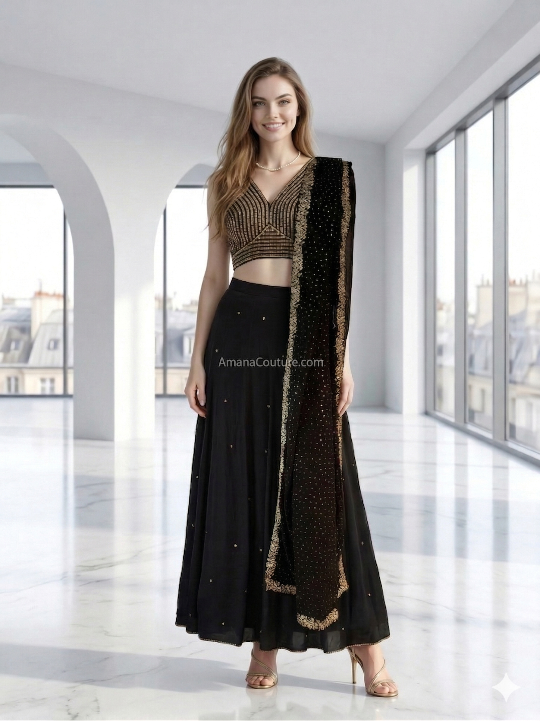 Golden Pearl Lehenga Set | Crop Top, Lehenga & Mukesh Dupatta